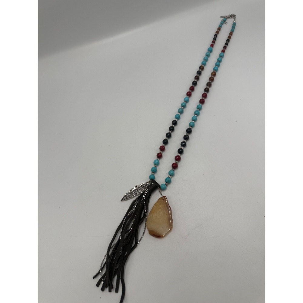 Shyanne Boho Beaded Necklace Agate Slice Leather Tassel Feather Charm